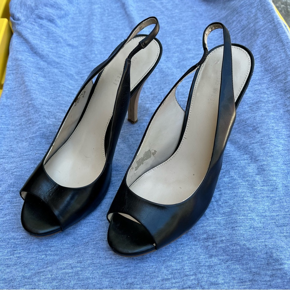 Nine West Snowball Heels Slingback Pump in Black Open Toe/Peep-toe